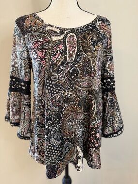 Stem & Vine boho paisley floral lace sequin top wide sleeves SZ SM